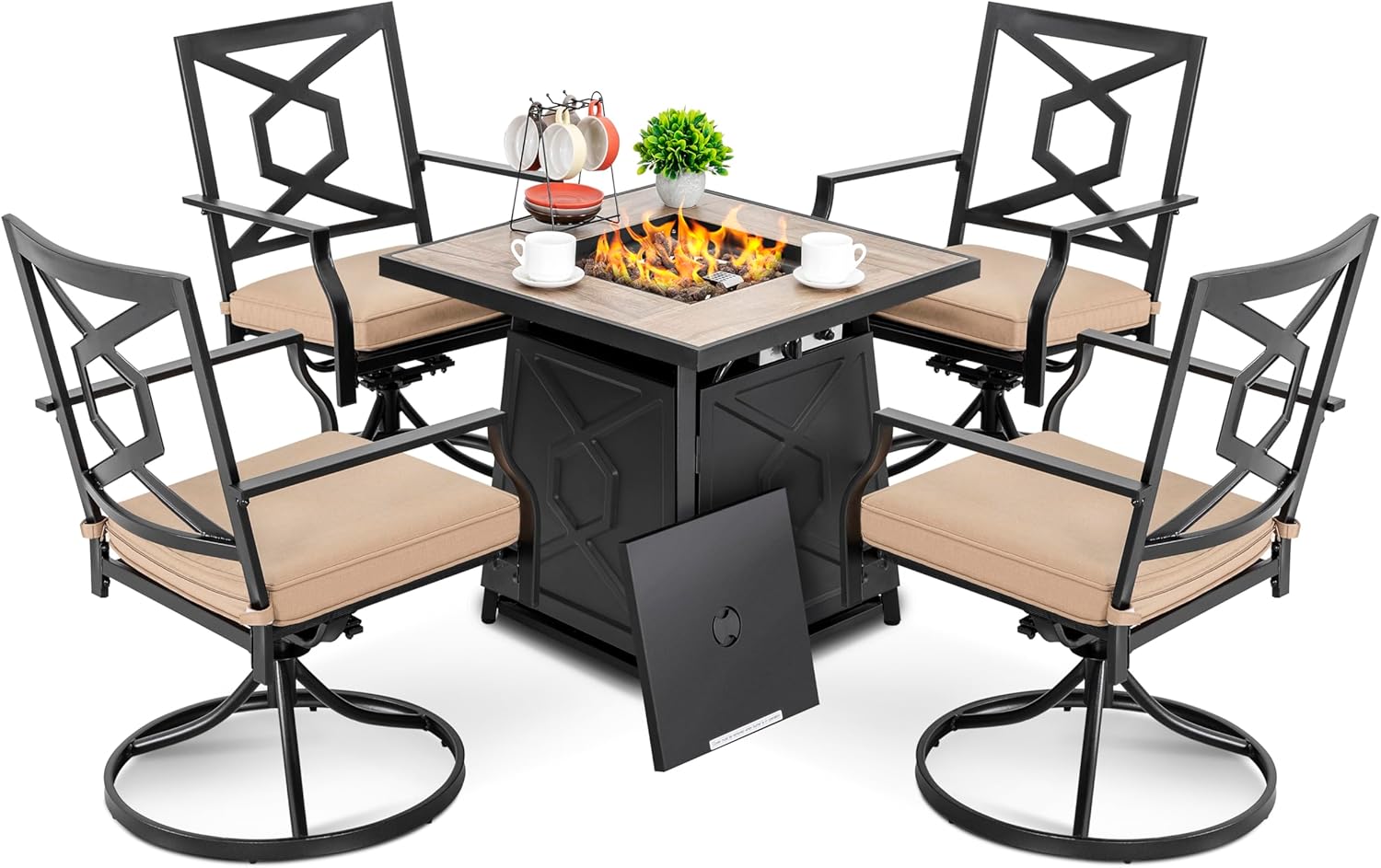 NUU GARDEN 5-Piece Patio Furniture Set with Fire Pit Table, 28'' 50,000 BTU Propane Gas Cabinet Fire Pit Table with Cover and 4 Dining Swivel Chairs with Padded Cushions, Black and Beige