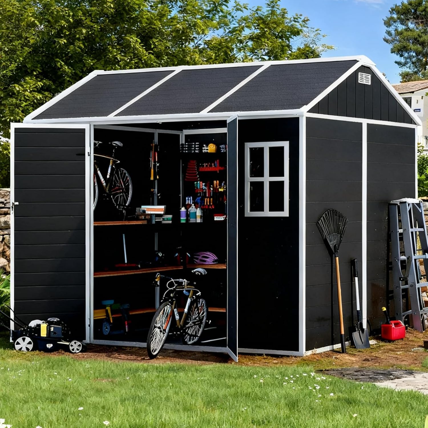 7.6x7 FT Outdoor Storage Shed with Floor, Resin Outside Shed,Clearance Outdoor Sheds with Floor, Waterproof Shed with Lockable Doors, Windows & Vents for Patio, Backyard (Black, 7.6x7 FT)