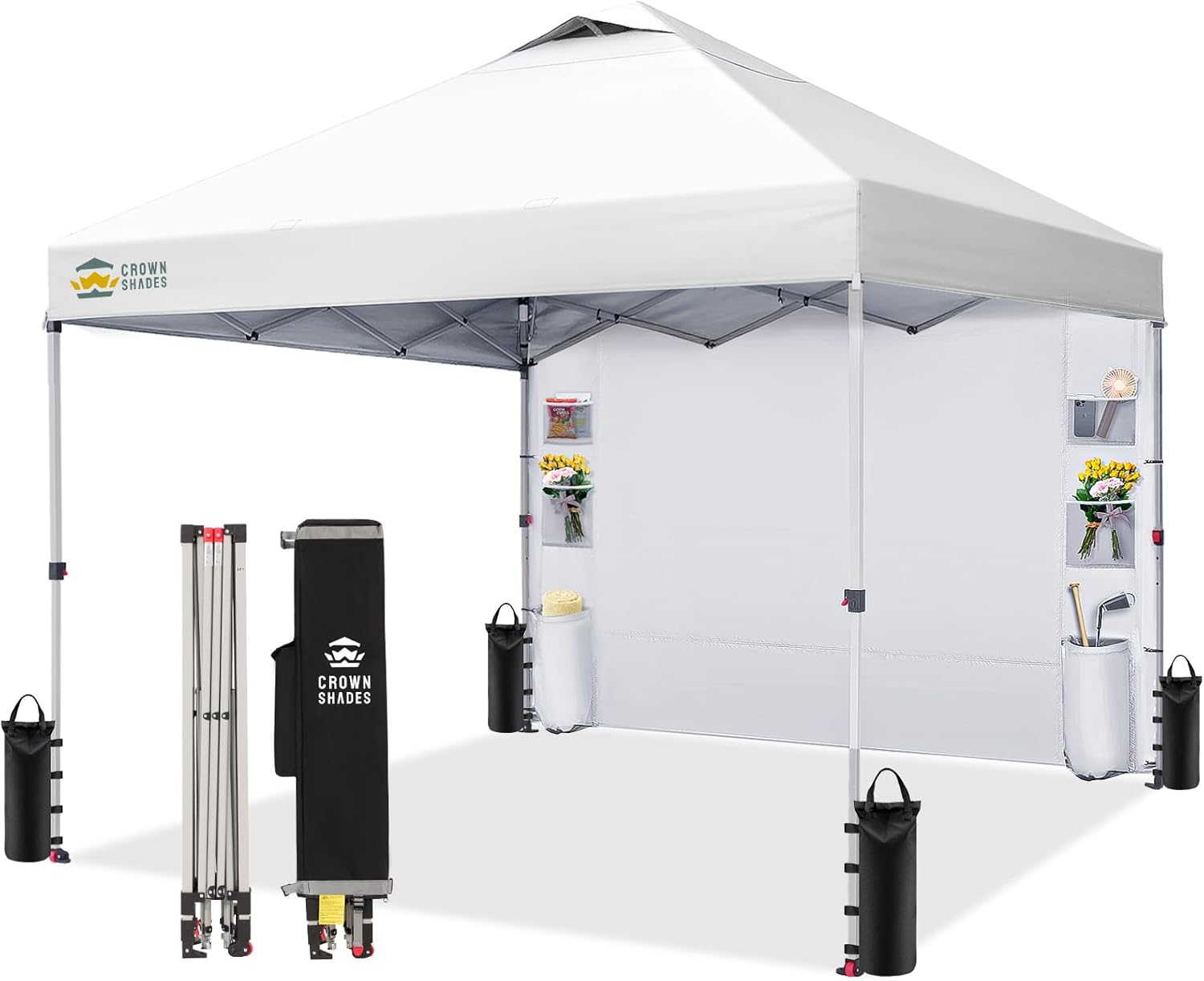 CROWN SHADES Canopy Tent 10x10 Pop Up Canopy Outdoor Shade with Pockets Sidewall, Easy Up Sun Shelter with One Person Set Up Center Lock, Portable Instant Camping Beach Canopy Tents, Grid White