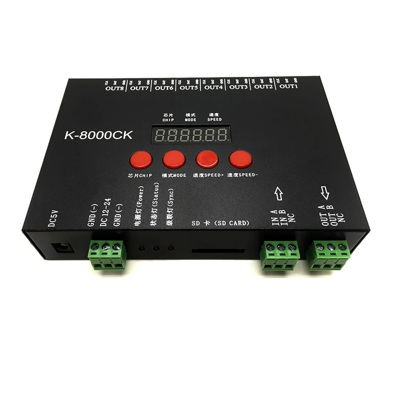 K-8000CK LED Pixel SD Card Controller Offline; Control 8192 Pixels; 5~24V; 8-Port SPI Signal Output