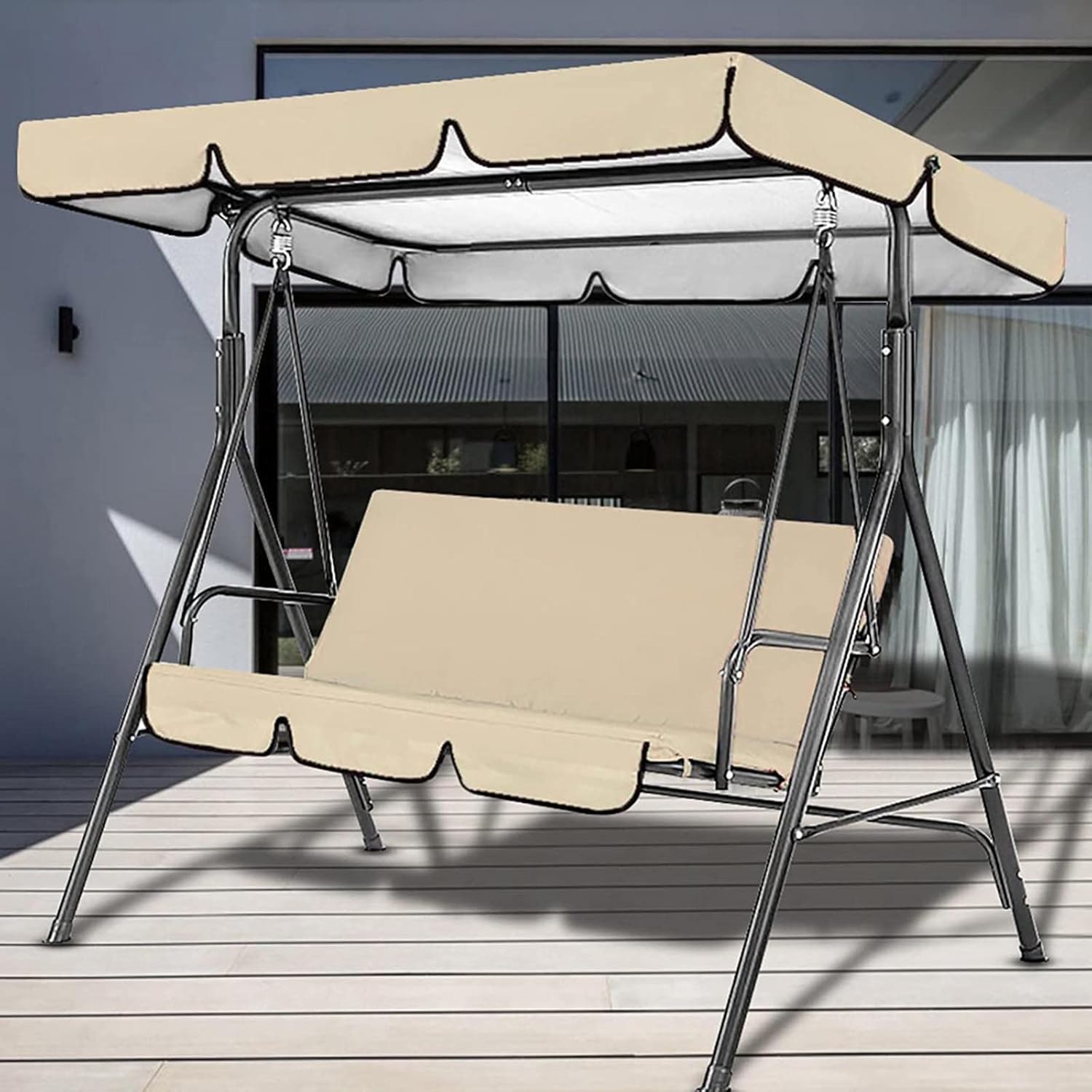 Swing Canopy Replacement Waterproof Top Cover Weather Resistant Sunshade UV Block Garden Swing Cover Removable Cushions Black