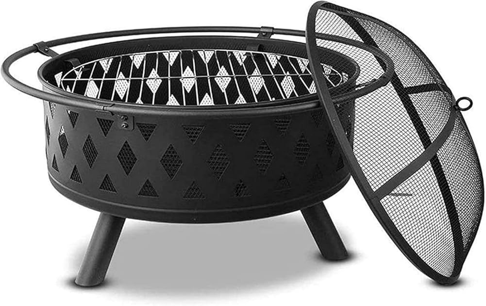 Garden Fire Pit Portable Grill Barbecue Rack Outdoor Fire Pits Bonfire Wood Burning Patio & Backyard Firepit for with Spark Screen, Fireplace Poker with Cover BBQ Cooking for Camping Backyard