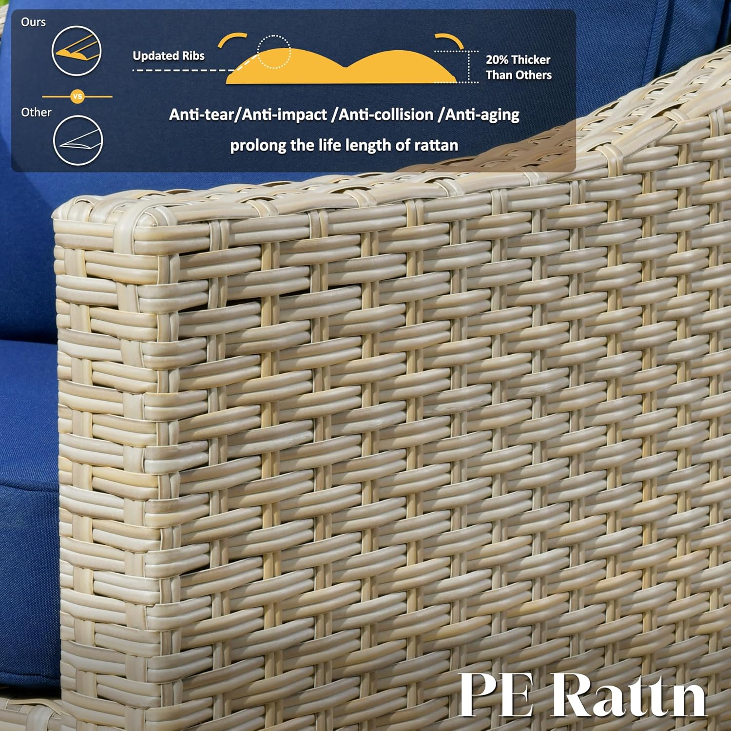 Patio Furniture Sectional Sofa 6-Piece Wood Fire Pit Outdoor Wicker Furniture Set Circular Steel Pit Table No-Slip Cushions Furniture(Blue)