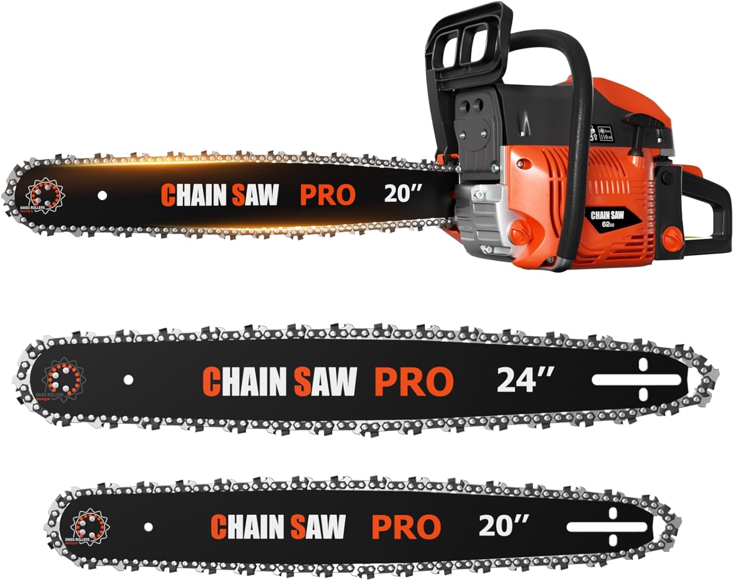 62CC Gas Chainsaw, Professional Chainsaw with 2-Stroke Engine, 20inch & 24inch Chain Saw Bar, Ergonomic Non-Slip Handle & Dual Fuel Tanks for Tree Wood Cutting