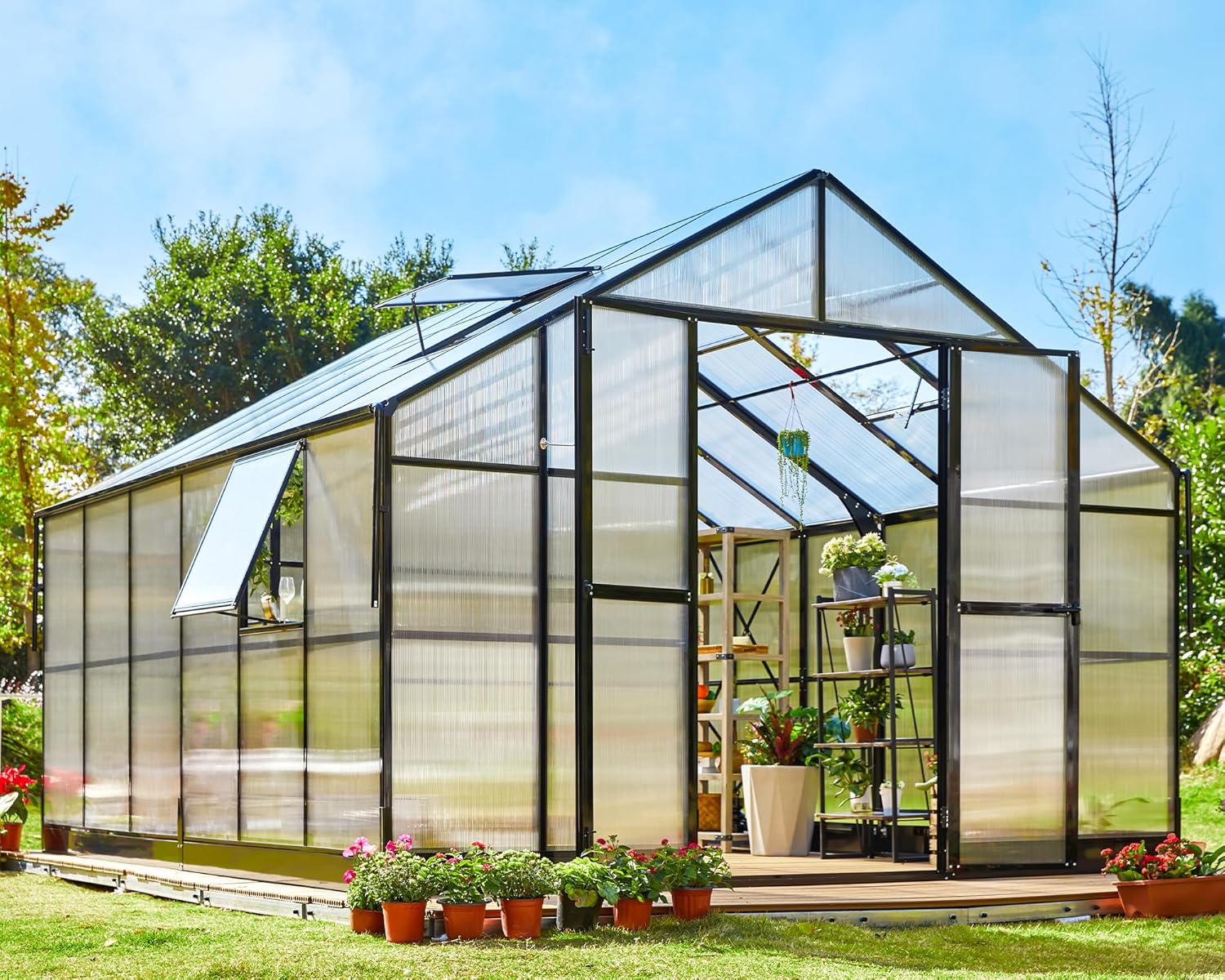 Jocisland 12x13.5x9 FT Polycarbonate Greenhouse, Outdoor Aluminum Greenhouse with Quick Connect Fittings, 6.7 FT Height Double Doors, 4 Ventilation, Walk in Sunroom for Backyard Garden, Black