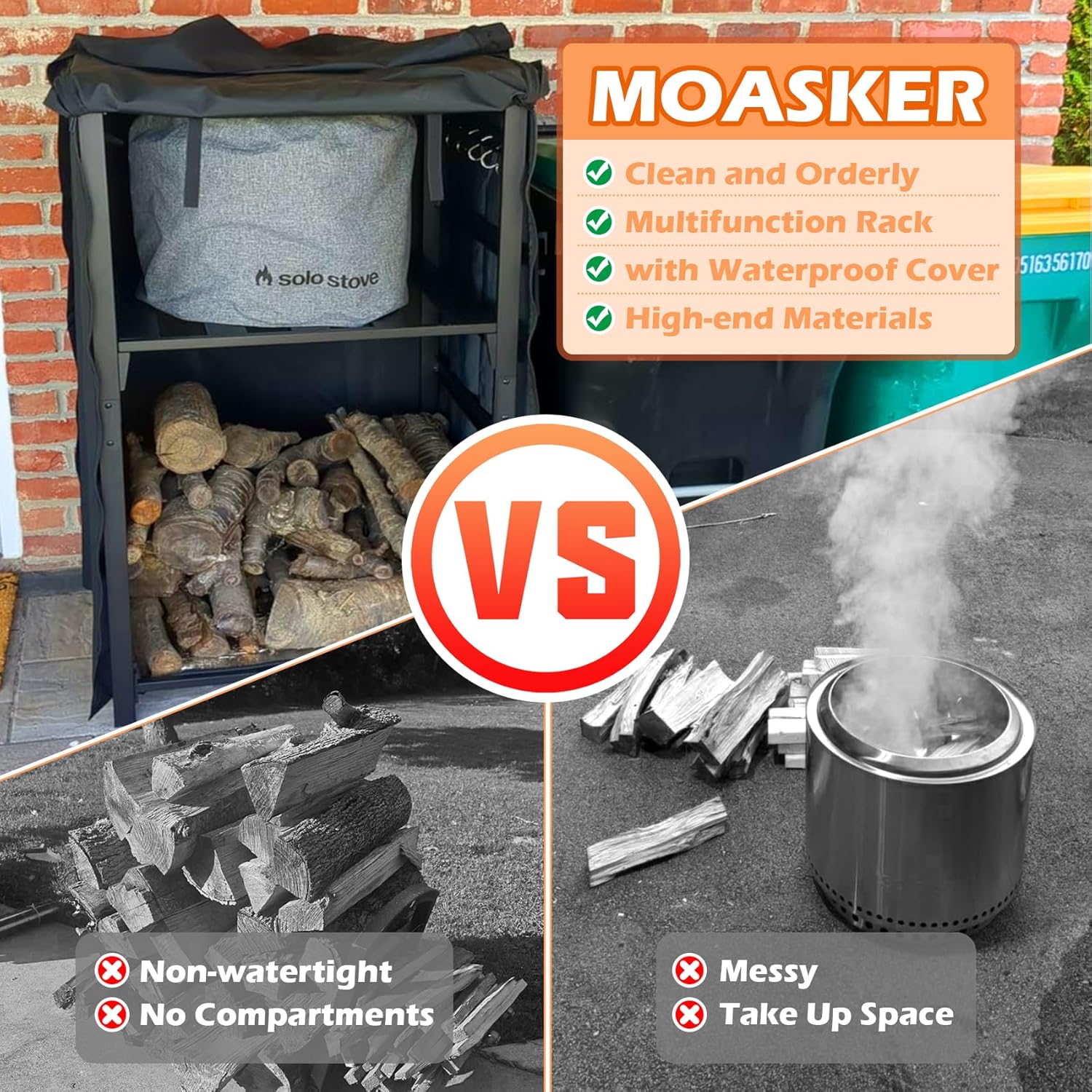 Firewood Storage Rack for Solo Stove Bonfire Ranger Yukon Fire Pit Accessories, Black Steel with Powder Coated Finish, Adjustable Shelves, Waterproof Cover, 29.9