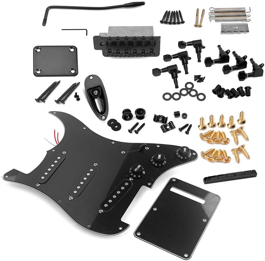 Black ST Style Electric Guitar Full Set DIY Accessory Kit Including Prewired Pickguard, SSS Pickups and Other Accessories