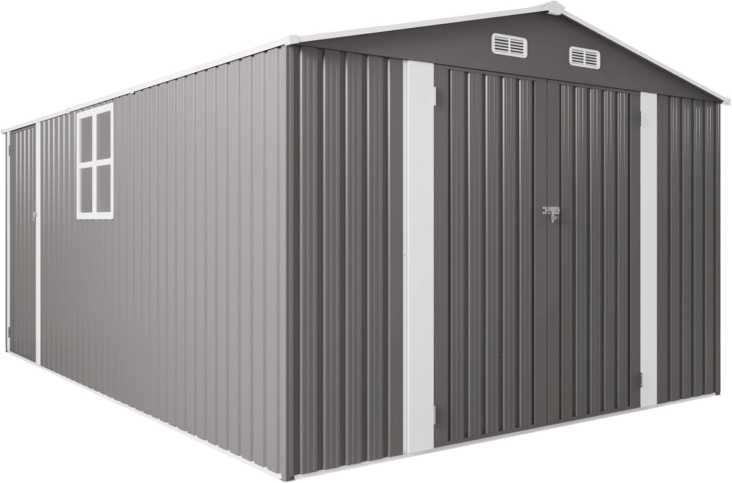 10x14 ft Outdoor Metal Storage Shed, Three Lockable Doors with Window and Vent, Garden Tool Shed for Backyard Patio, Gray