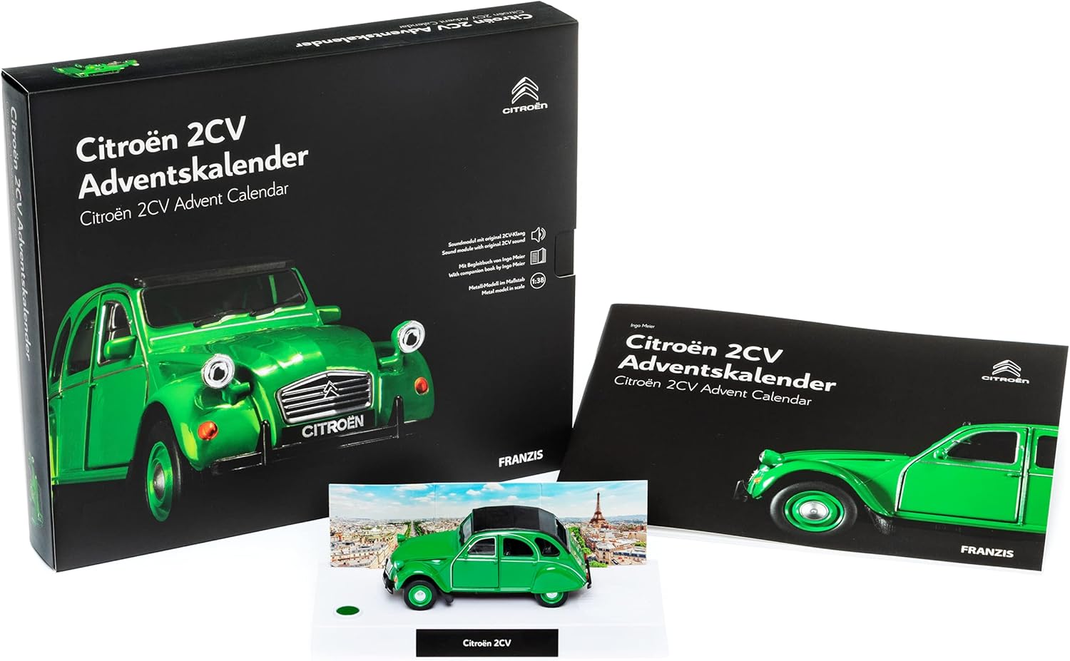FRANZIS 55154 Citroen 2CV Advent Calendar Green Metal Model Kit in Scale 1:32 Includes Sound Module and 50 Page Accompaniment Book