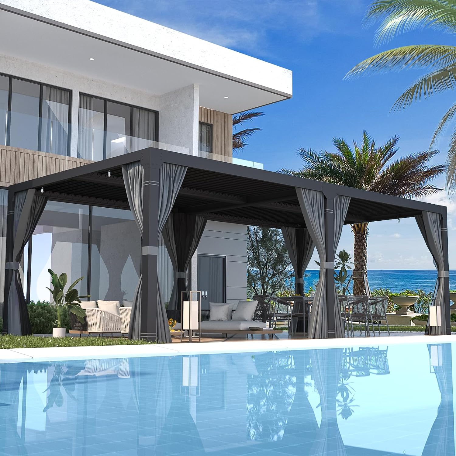 EROMMY Louvered Pergola 12' x 24' Outdoor Hard Top Pergola with Aluminum Frame and Adjustable Metal Rainproof Roof for Garden & Patio, Curtains and Netting Included, Gray-Black