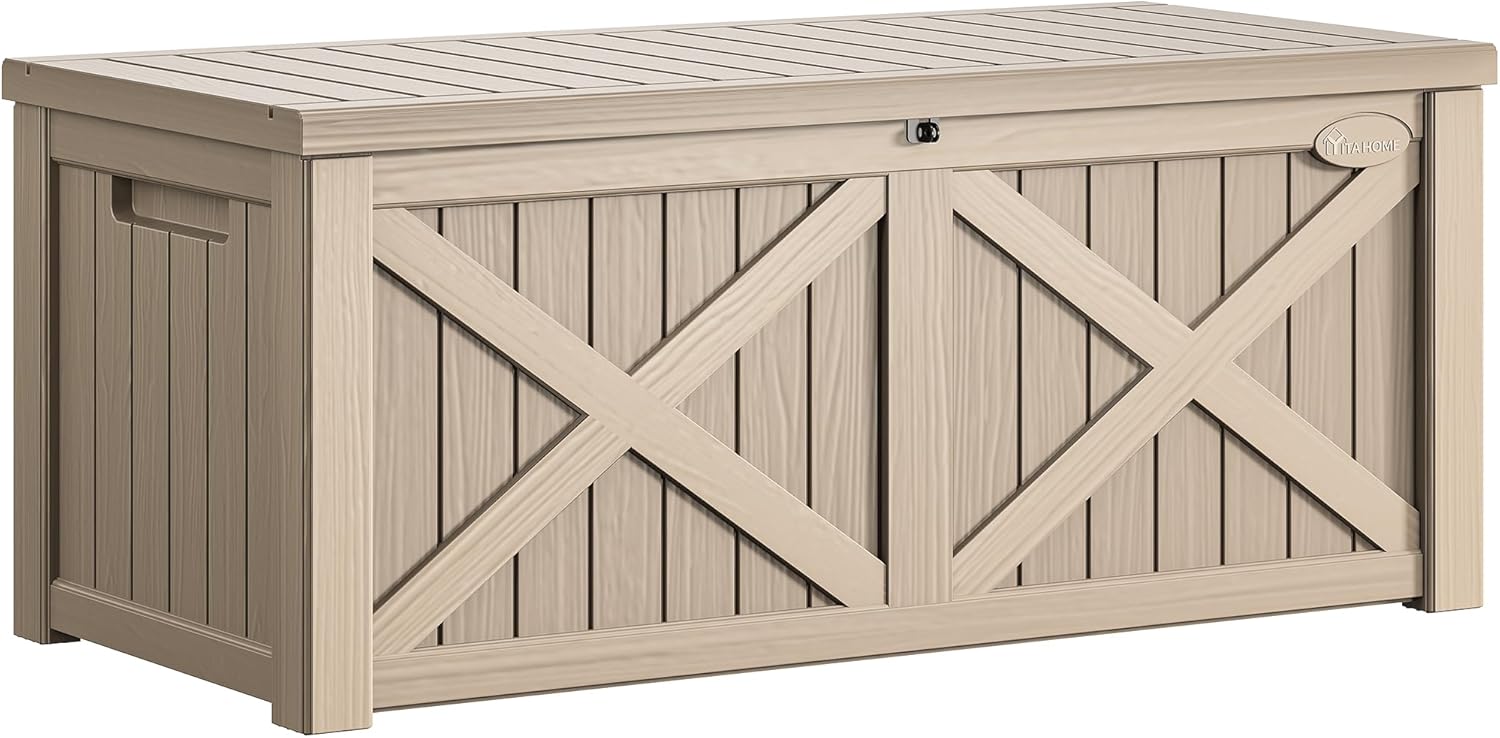 YITAHOME 120 Gallon Large Deck Box with X-Shaped Front, Resin Outdoor Storage Boxes, Waterproof Cushion Storage Bench for Patio, Pool Supplies, Garden Tools - Lockable, Taupe