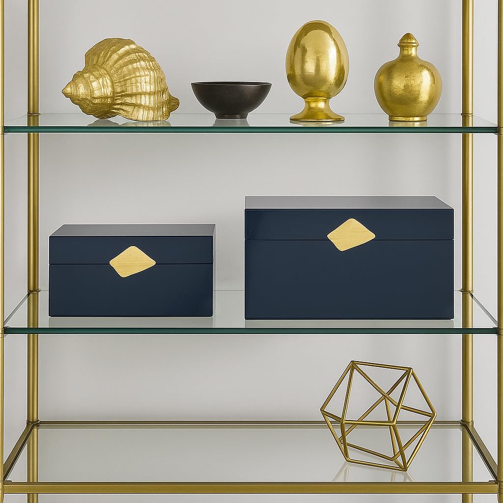 Vintiquewise Set of 2 Decorative Wooden Storage Boxes with Gold Accent – Boxes for Keys, Jewelry, Makeup, Accessories, Crafts, Gadgets, Home Office, Living Room, Bedroom & Entryway Décor, Blue