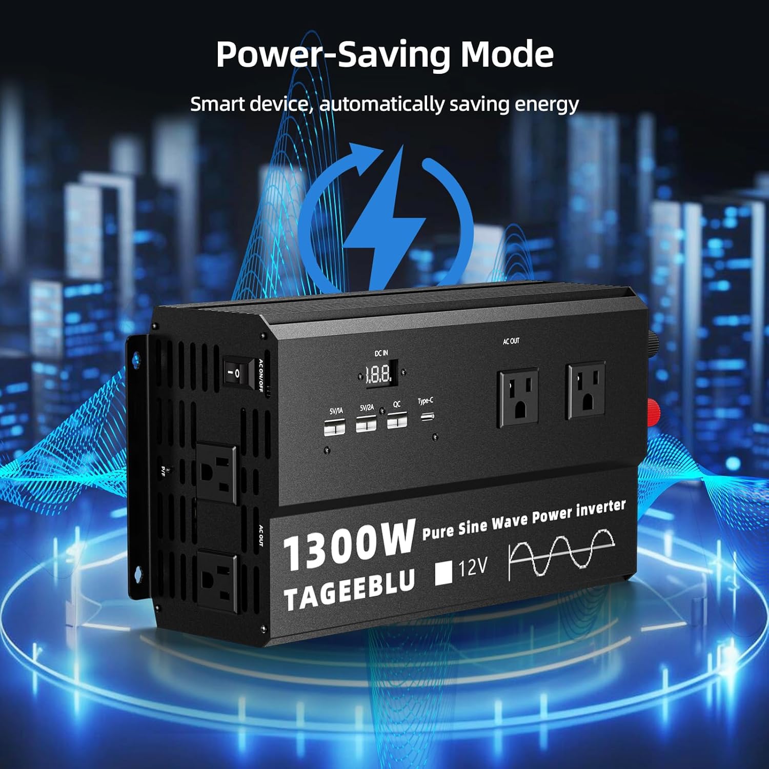 1300W Pure Sine Wave Inverter, 12V DC to 110V/120V AC Power Inverter for RV、Off Grid、Truck with 4 AC outlets and LCD Display