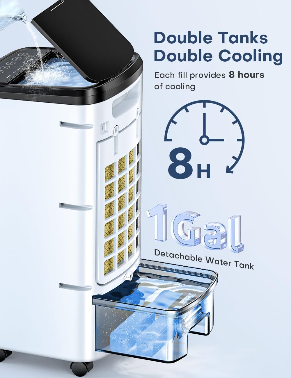 Evaporative Air Cooler, Swamp Cooler Air Conditioner w/ 12H Timer for Auto-off, 6 Upgraded Ice Packs, 3-Speed Windowless Air Conditioner, Smart Remote, Dual Tank Portable Air Cooler for Room