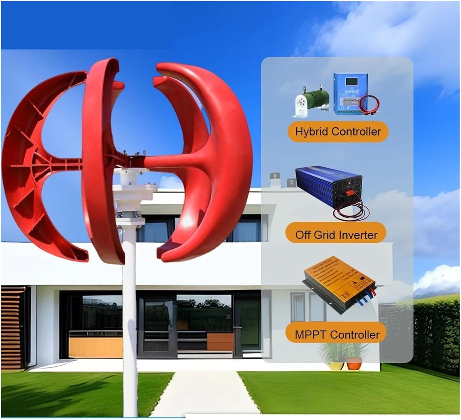 Wind Turbine Generator 5000W Vertical Axis Wind Turbine 48V 24V12V tive Energy Generator AC Output Household Complete Kit Low Starting Speed for Home(Red,Wind Turbine ONLY_24V)