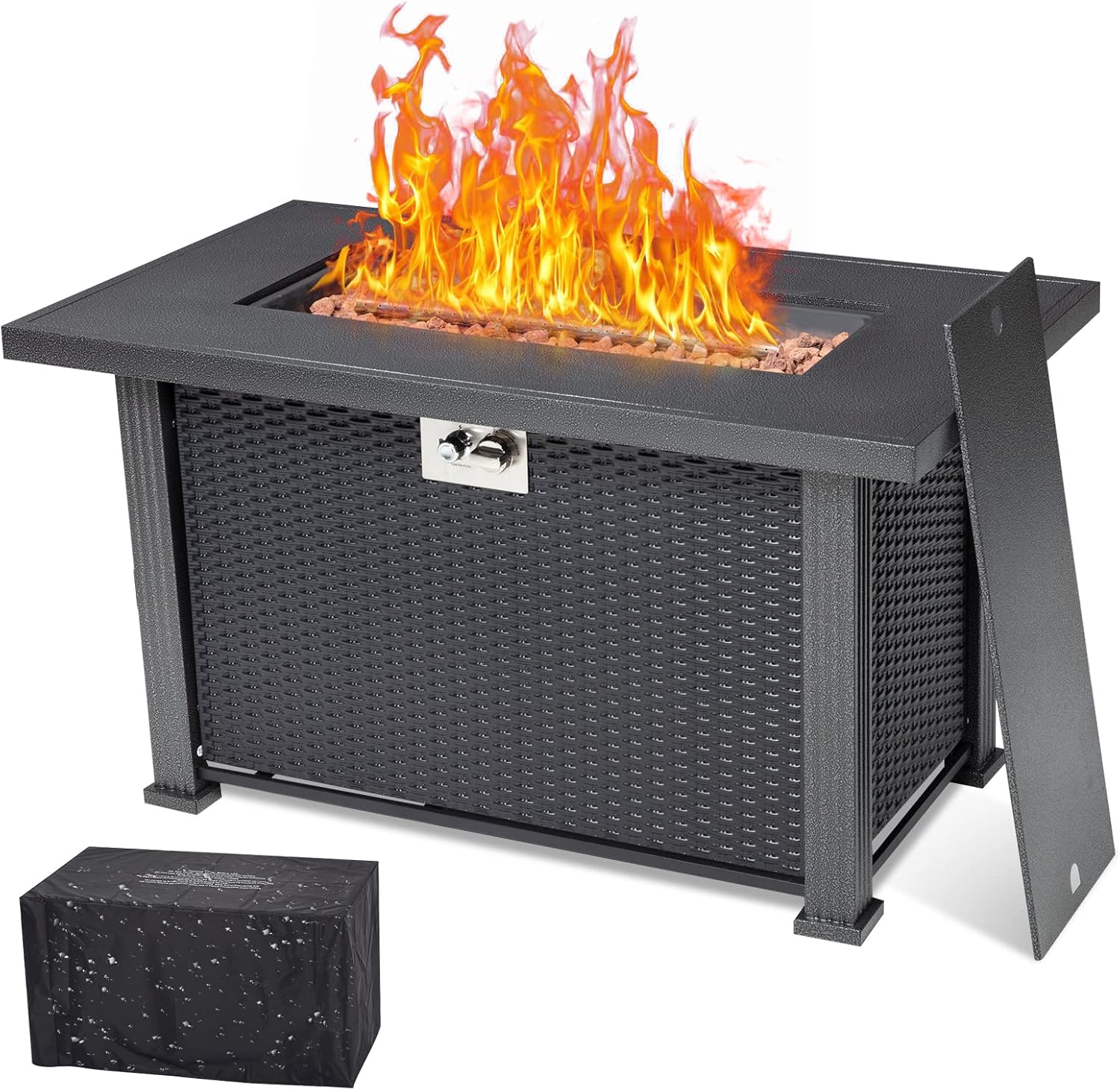 Propane Fire Pit Table 44 Inch, 50000BTU Rectangle Fire Table with Cover & Rain Cover, Sturdy Steel and Iron Fence Surface, CSA Safety Certified, Companion for Your Garden
