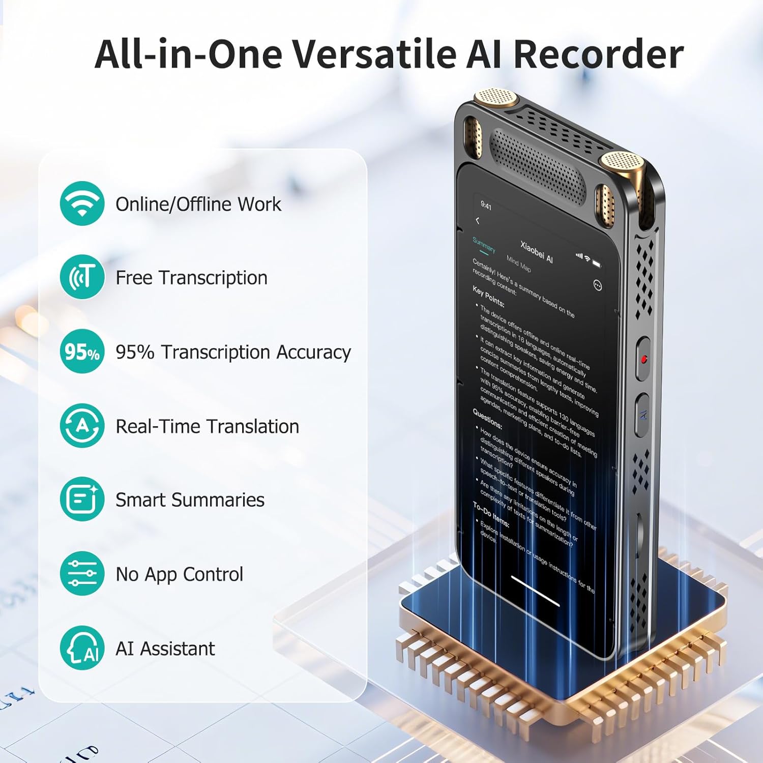 Online Offline Voice Recorder with Playback, AI Digital Voice Recorder with Free Transcription, 134 Languages Voice-to-Text, Noise Reduction, Professional Recorder Device for Meetings, Lectures