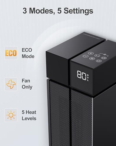 Space Heater Large Room, 25” Electric Room Heaters for Indoor Use with 120° Oscillation, 3 Heat Levels, 3 Modes, Multiple Safety Protections, 12H Timer, Black Ceramic Tower Heater for Bedroom