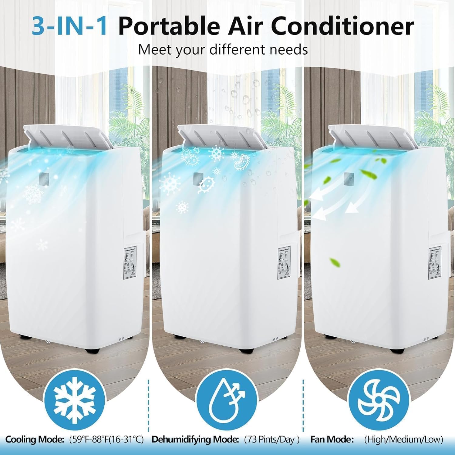 Portable Air Conditioners 14000 BTU, Remote Control AC with 24H Timer, Low Noise Energy Saving Cooling Unit for Bedroom, Office, Small Spaces 750 Sq. Ft, White