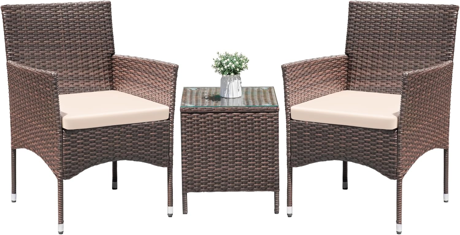 Greesum 3 Pieces Patio Dining PE Rattan Wicker Chair Furniture Set with Cushion and Glass Coffee Table for Outdoor Garden Backyard Poolside, Brown and Beige