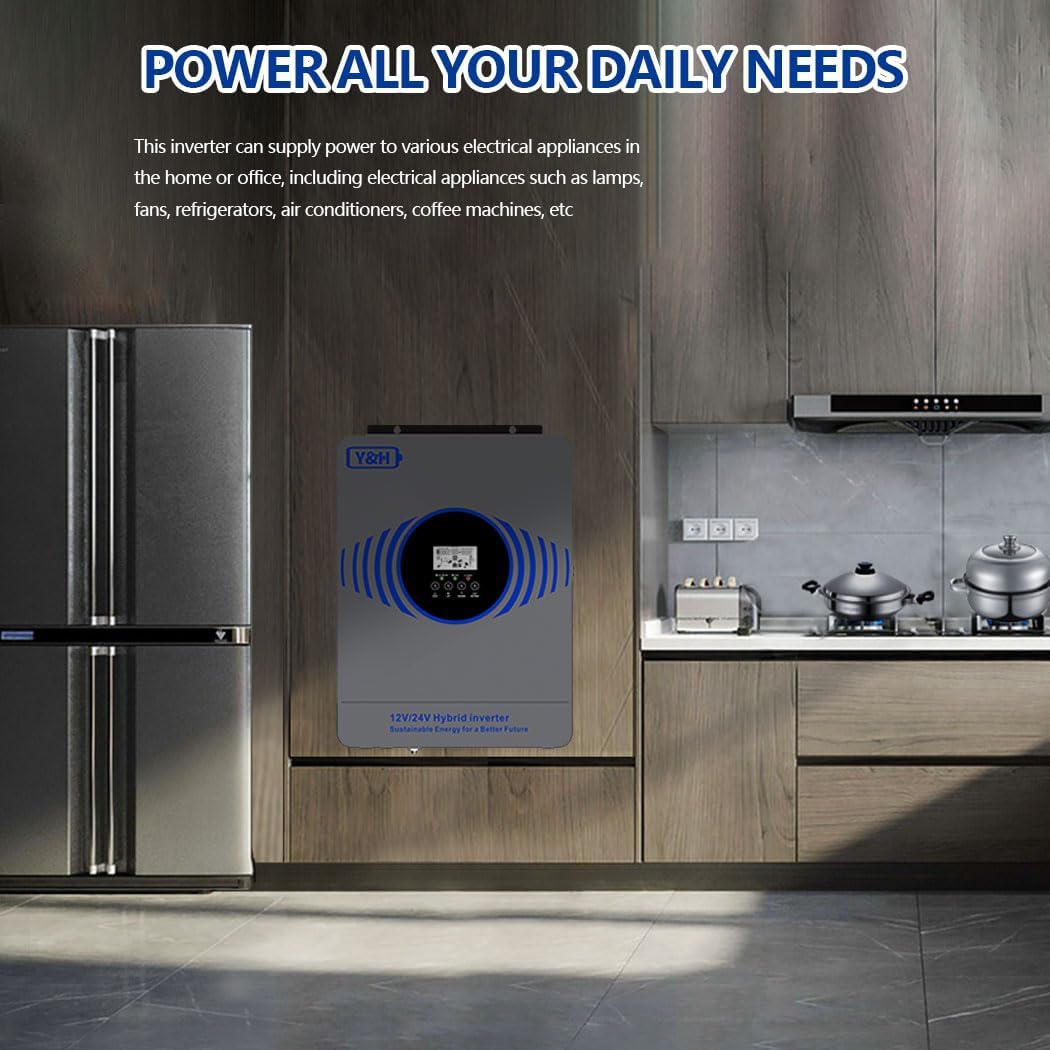 Y&H 4200W Hybrid Solar Inverter AC230V to DC12V/24V Dual Voltage Pure Sine Wave Off-Grid Inverter, Built-in 100A MPPT Controller, Max PV Power 4000W Input with BMS /RS485, for Home/RV/Backup Power