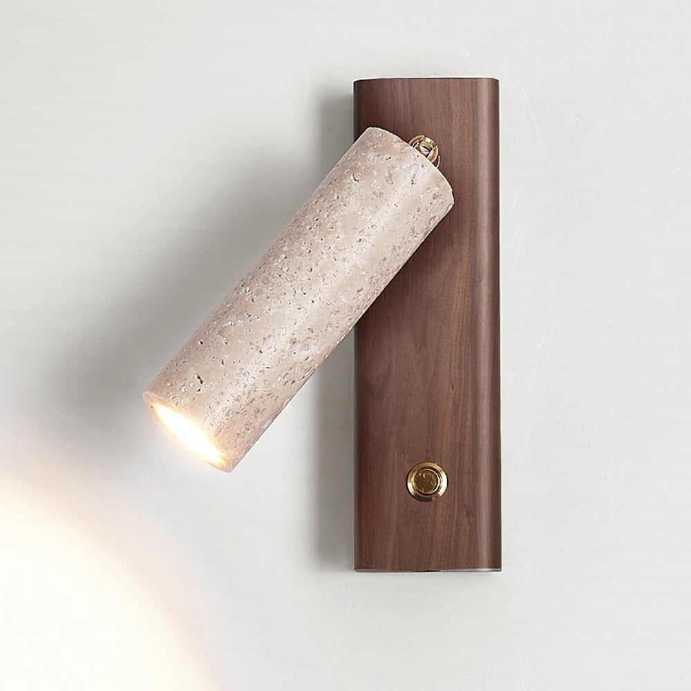 180° Adjustable Bedside Reading Light, Japanese Yellow Travertine Wall Sconces Wood LED Wall Mount Lamp with Switch for Bedroom(Walnut)