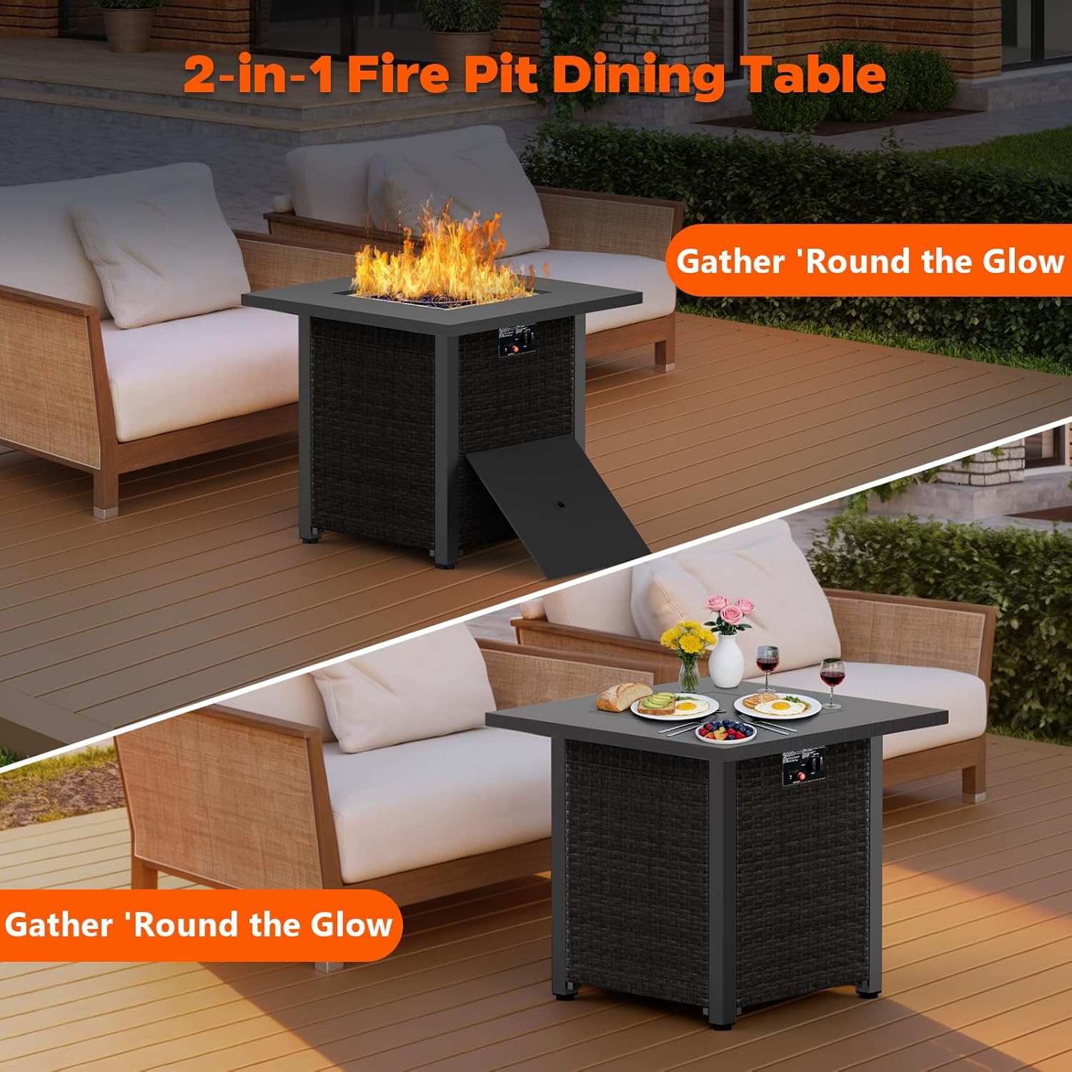 Kndko 28 Inch Propane Fire Pit, 50, 000 BTU Steel Gas Fire Pits with Lava Rock, Rectangle Gas Fire Pits for Outside Patio with Removable Lid, Add Warmth and Ambience to Gatherings and Parties