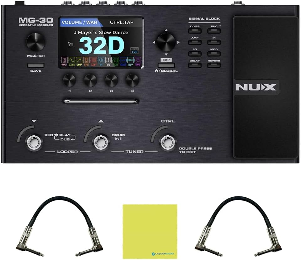 NUX MG30 Guitar Multi-Effects Pedal Guitar/Bass/Acoustic Amp Modeler Bundle w/ 2X Strukture S6P48 Woven Right Angle Patch Cables and Liquid Audio Polishing Cloth
