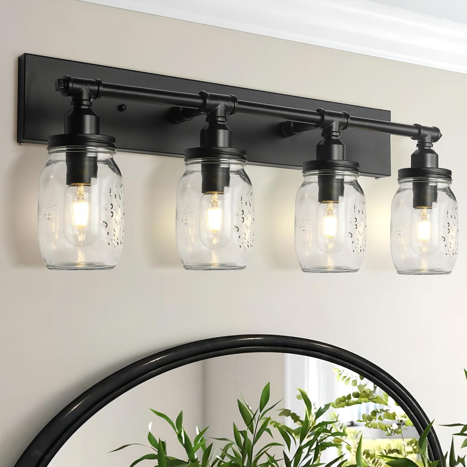 Bathroom Wall Light Fixtures, Industrial Mason Jar Vanity Light, Wall Sconce with Black Finish(4 Light)