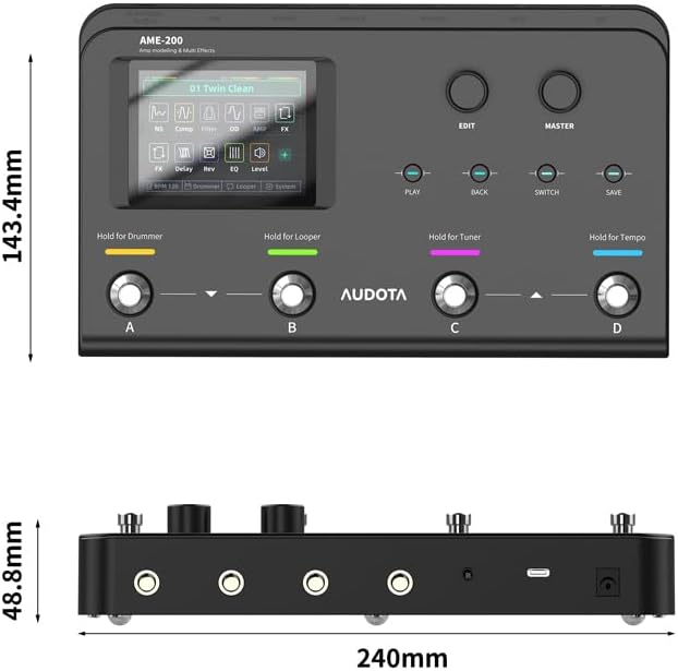 AME-200 Guitar Multi Effects Processor with Amp Modelling, Reverb, Delay, Looper, Drum Machine, 4 Footswitches, Expression Pedal, USB OTG Recording, MNRS GNR & GIR Loader