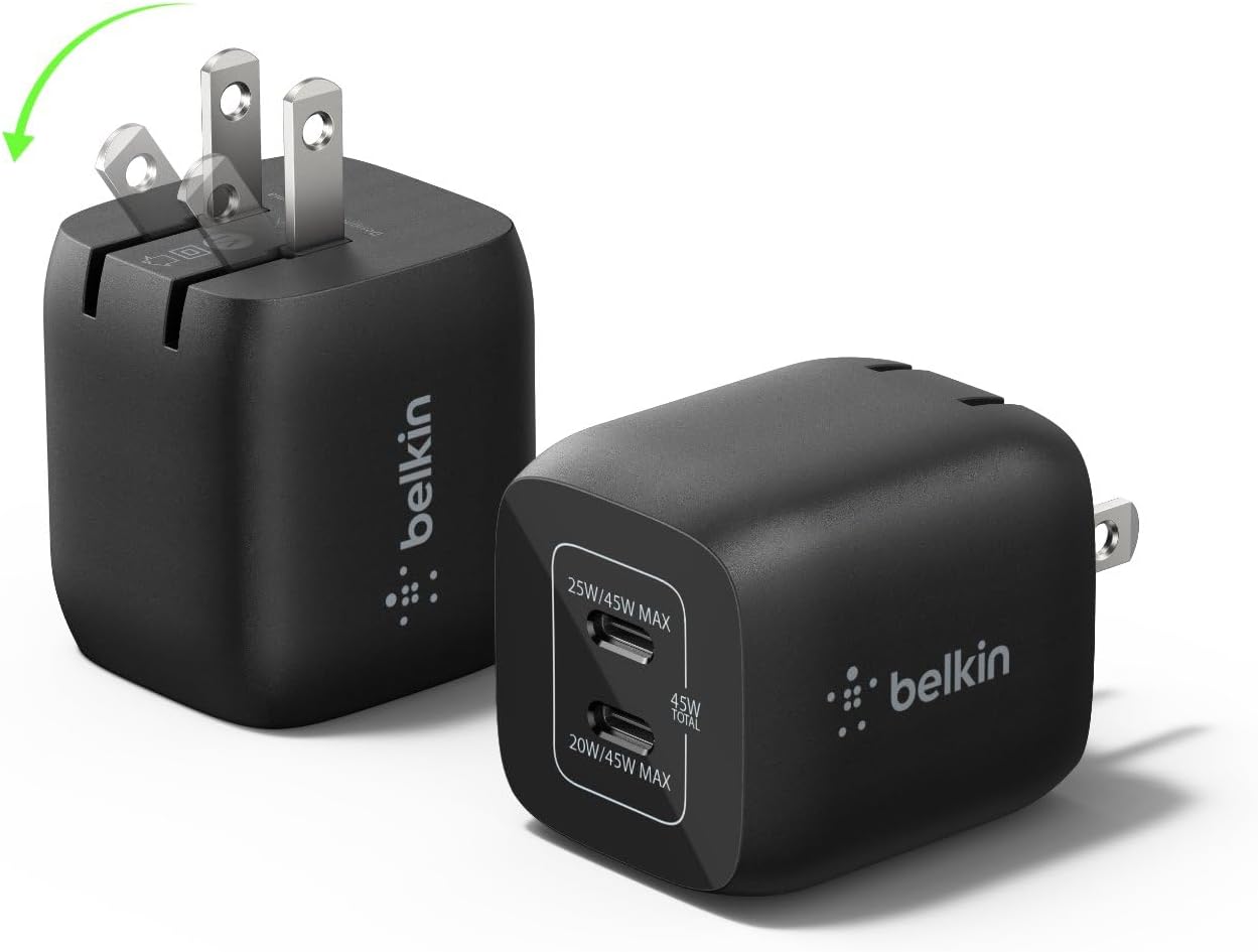 Belkin Dual USB C Charger Block 45W (2 Pack), Super Fast Charging PD 3.0 PPS w/ GaN - Samsung Galaxy S25, Apple iPhone 17, Air, Pro, Pro Max, iPad, MacBook, Nintendo Switch 2 & More - Black