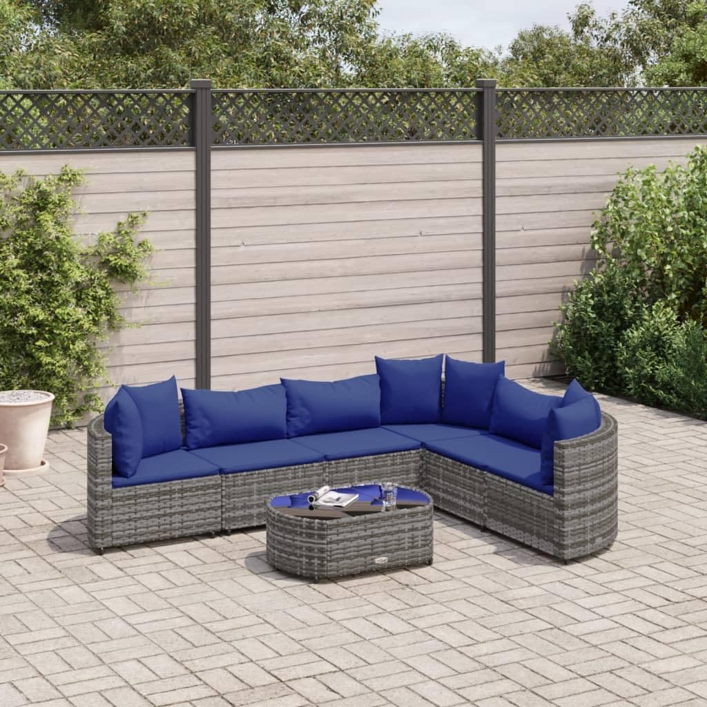 7 Piece Patio Sofa Set with Cushions Gray Poly Rattan,Comfortable Modular Garden Sofa Set with Glass Tabletop for Patio, Backyard or Terrace Patio Furniture Sets, Outdoor Furniture Sets
