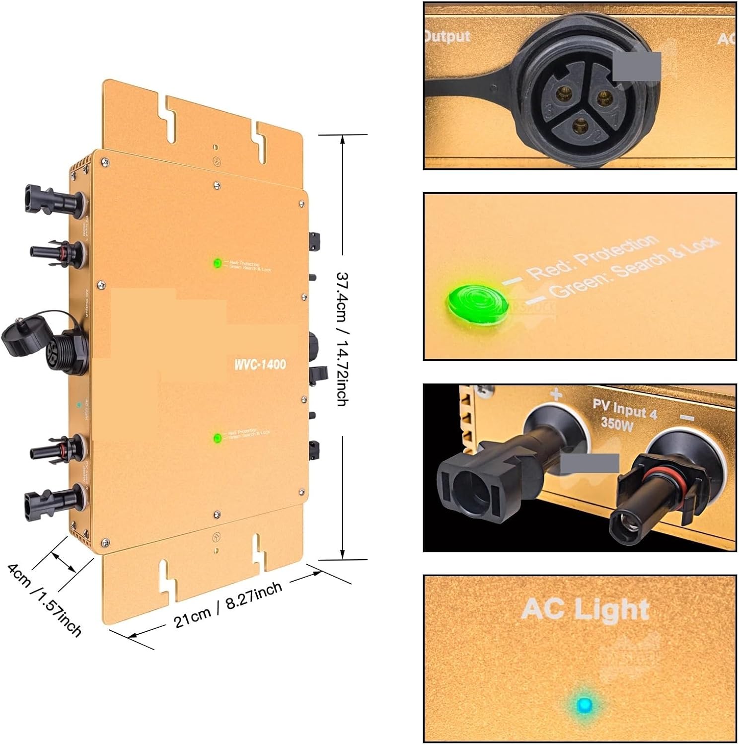 1400W Microinverter DC 22-50V Double Grid Tie Micro Inverter 220VAC Pure Sine Wave for 200-420w Solar Panel Per Series(Gold)