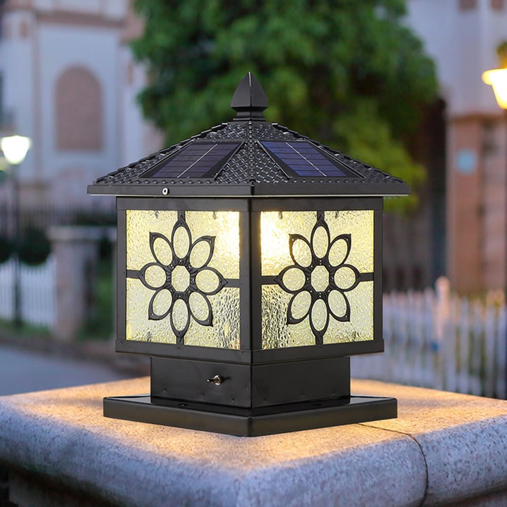 Solar Post Cap Lamp Outdoor, Solar Powered Lamp Post Light with Remote Control European Vintage Column Pedestal Light Landscape Yard Pathway Deck Garden Pillar Lantern