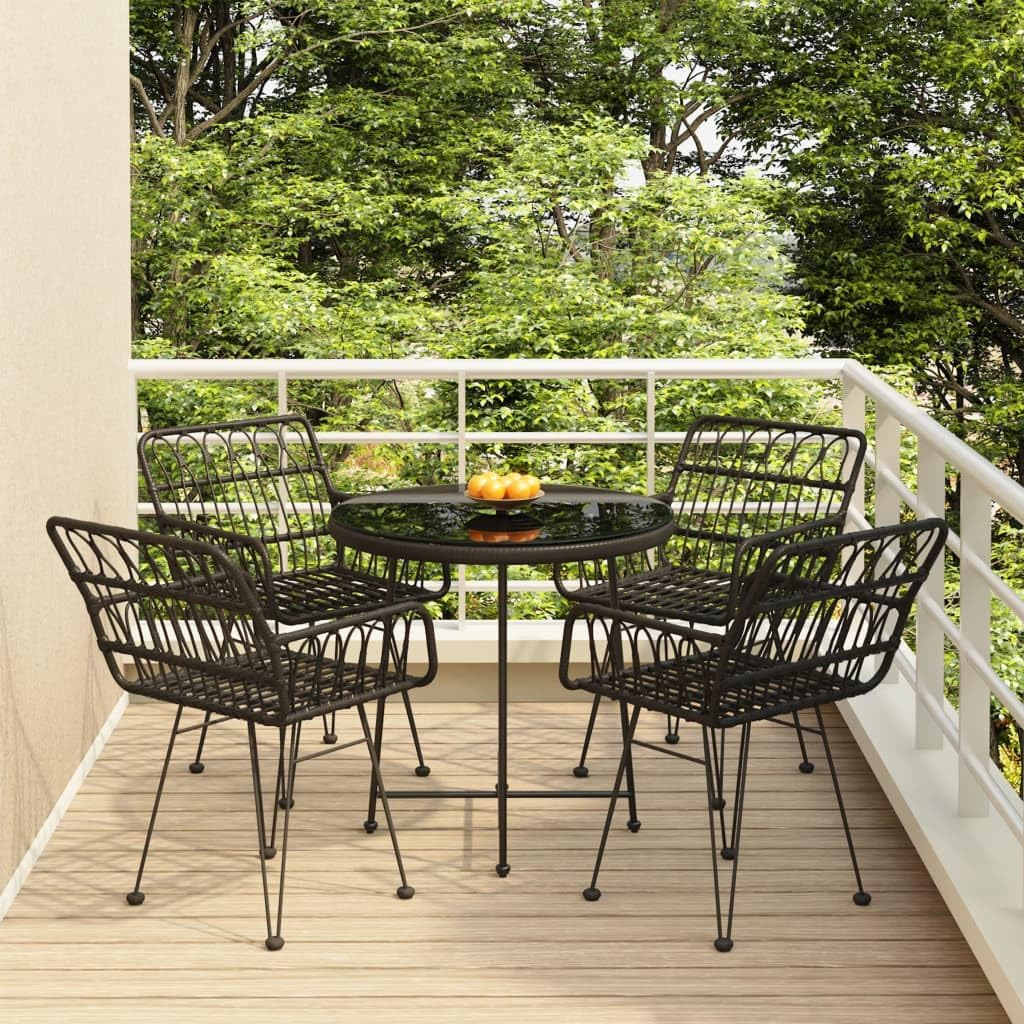 Garden Dining Set, Black Poly Rattan Steel Frame, Tempered Glass Top, 4 Chairs, Circular Outdoor Patio Furniture for Balcony, Terrace