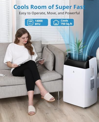 14000 BTU Portable Air Conditioners, Portable AC Unit 3-in-1 with Fan, Dehumidifier, Cools Up To 750 Sq.Ft. Room Air Conditioner, Remote Comtrol, Low Noise, 24 Hours Timer, Black Top
