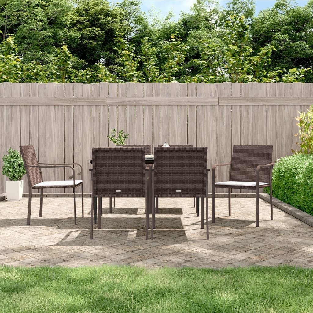 7 Piece Patio Dining Set with Cushions Poly Rattan and Steel,AllWeather Outdoor Garden Dining Set with Armchairs and Glass Table Patio Furniture Sets, Outdoor Furniture Sets