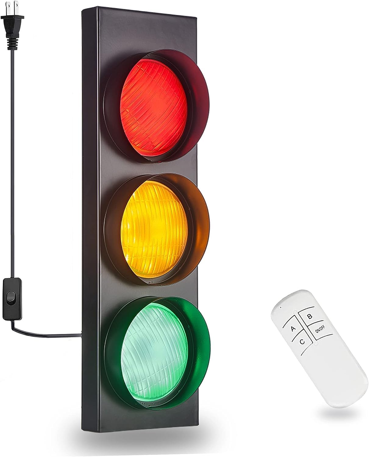 Traffic Light Wall Lamp Remote Control Retro Kids Bedroom Stop Light, Plug in Industrial LED Wall Sconce, 18.5’’ Vintage Fun Signal Lights for Home Office Bar Garage Car Room Decor Christmas