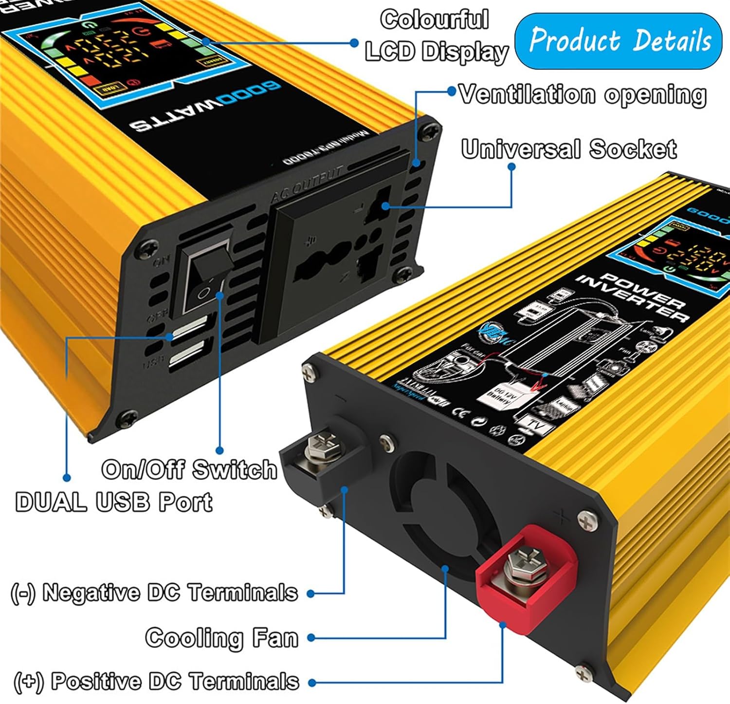 6000W Solar Inverter & 100W Complete Solar Panel Kit – 50A Solar Controller for Camping & Outdoor Travel – Efficient Solar Power System (Yellow, 12V-220V)