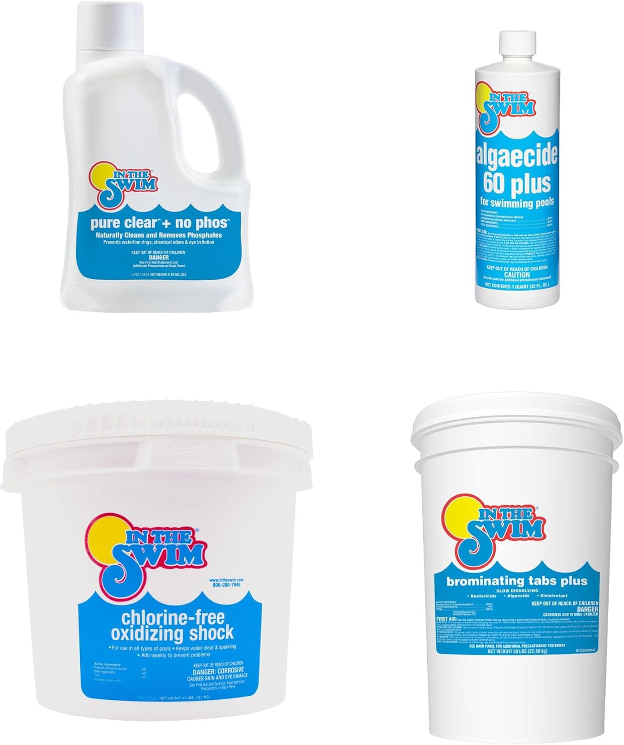 In The Swim Complete Bromine Pool Care Bundle – Bromine Tabs, Chlorine-Free Shock, No-Phos Clarifier & Algaecide 60 Plus - Plus