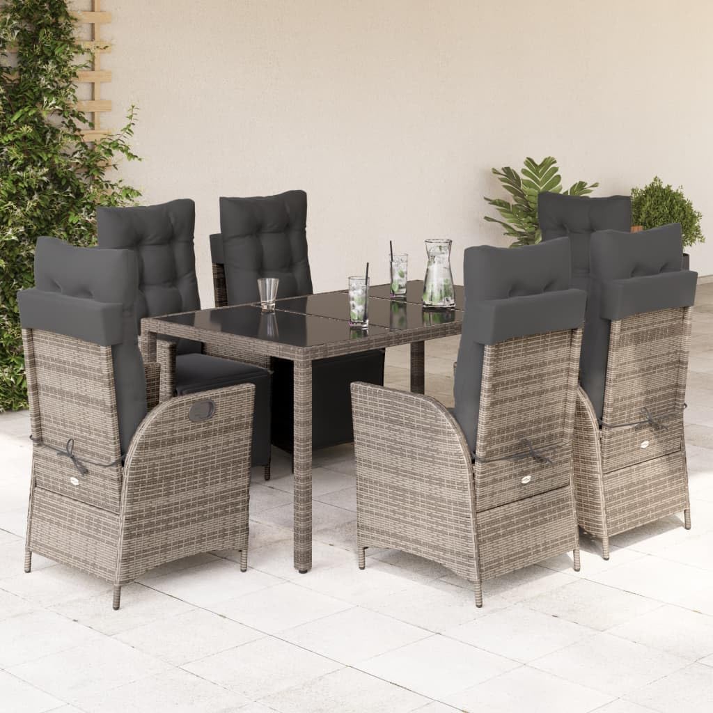 7 Piece Patio Dining Set with Cushions Gray Poly Rattan,Modern Outdoor Rattan Dining Set with Adjustable Reclining Chairs for Garden, Patio, Backyard Patio Furniture Sets, Outdoor Furniture Sets