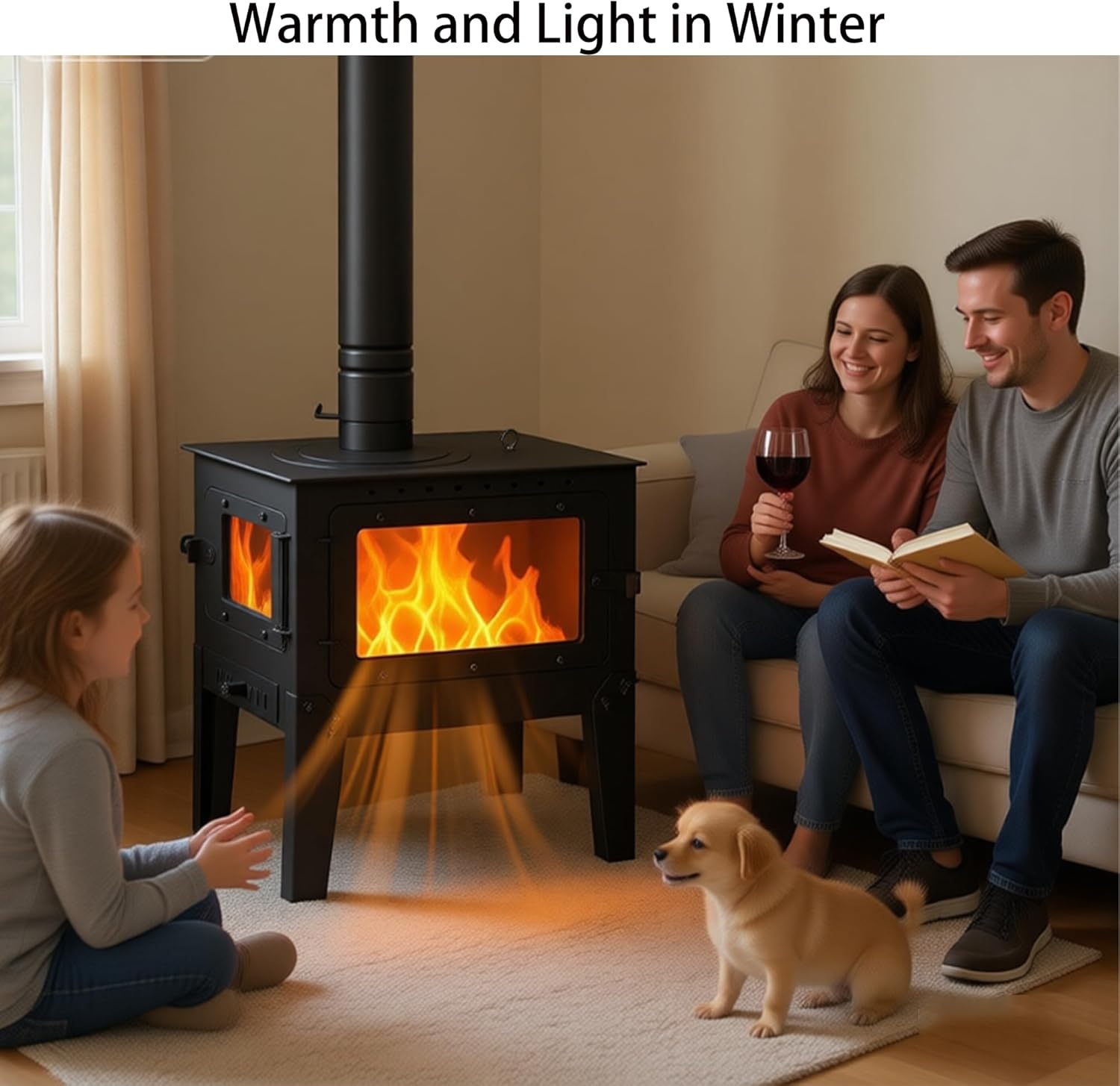 Wood Burning Stove with Legs, Black Steel, Includes Firewood Storage Rack and Fireplace Poker, Multi-View Glass Door,Heating coverage for 200–750 square feet