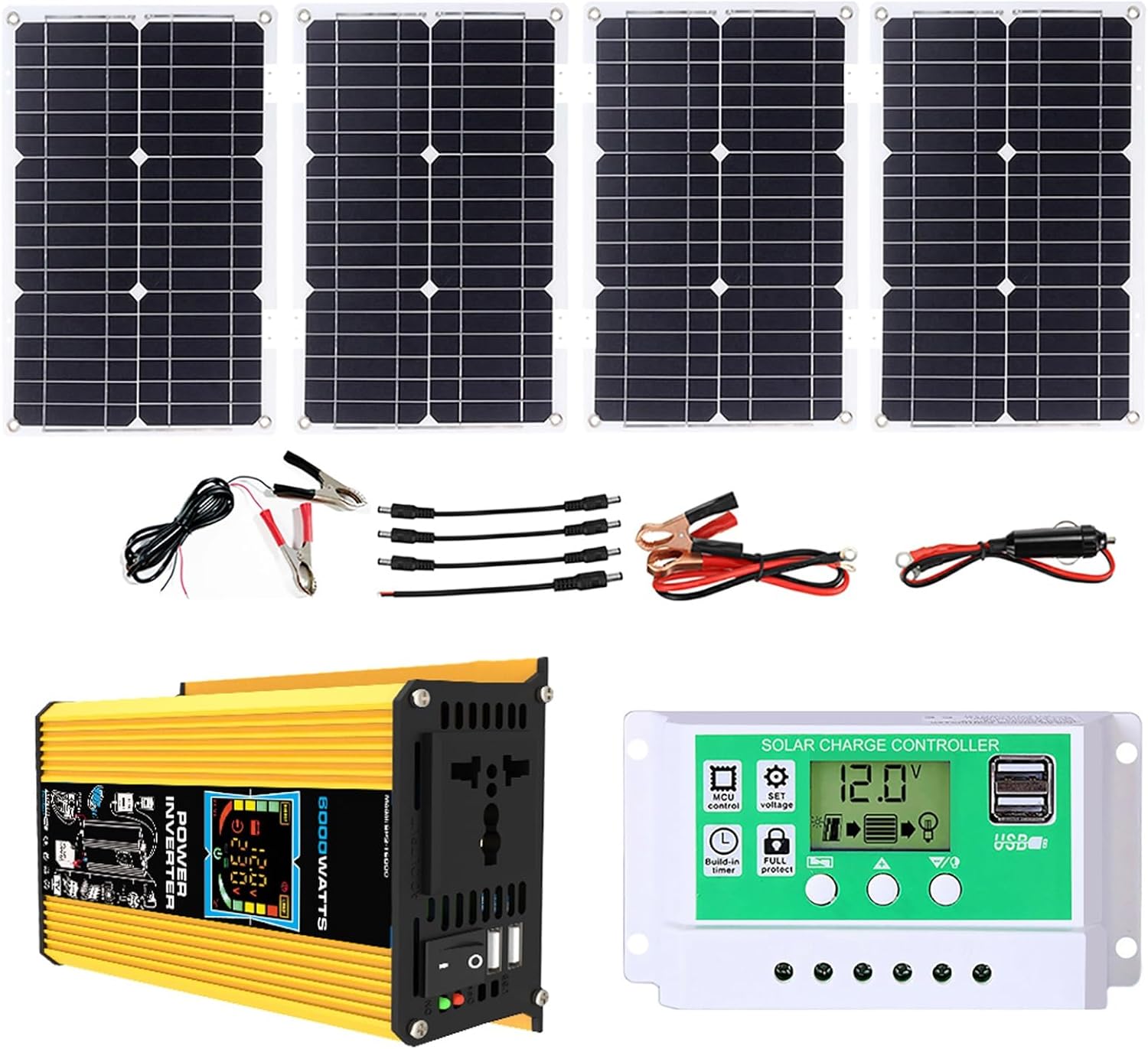 6000W Solar Inverter & 100W Complete Solar Panel Kit – 50A Solar Controller for Camping & Outdoor Travel – Efficient Solar Power System (Yellow, 12V-220V)