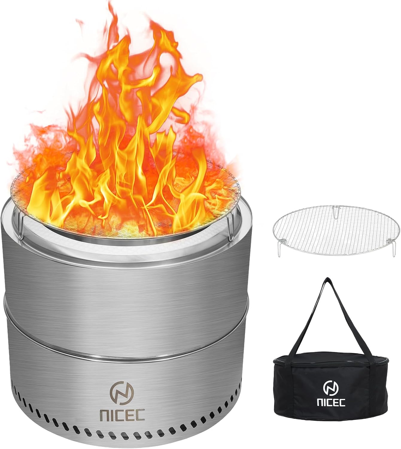 Nice C Fire Pits, 19.1 Inch Smokeless Fire Pits, Portable Fire Pit, Outdoor Fire Pit, Tabletop Fire Pit, Wood Buring Fireplaces, Stainless Steel, with Grill Grate, Removable Ash Tray & Carry Bag