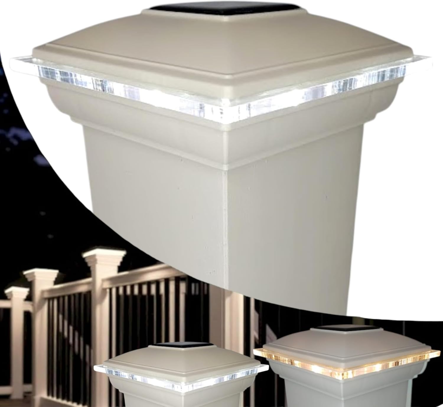 DekLights® Solar Lighted Post Cap for Timbertech Radiance Rail Express Posts. Our Glass Edge Style Lens with Timbertech 4.25x4.25 Base Mount. Warm or Bright White LED Selectable (White)