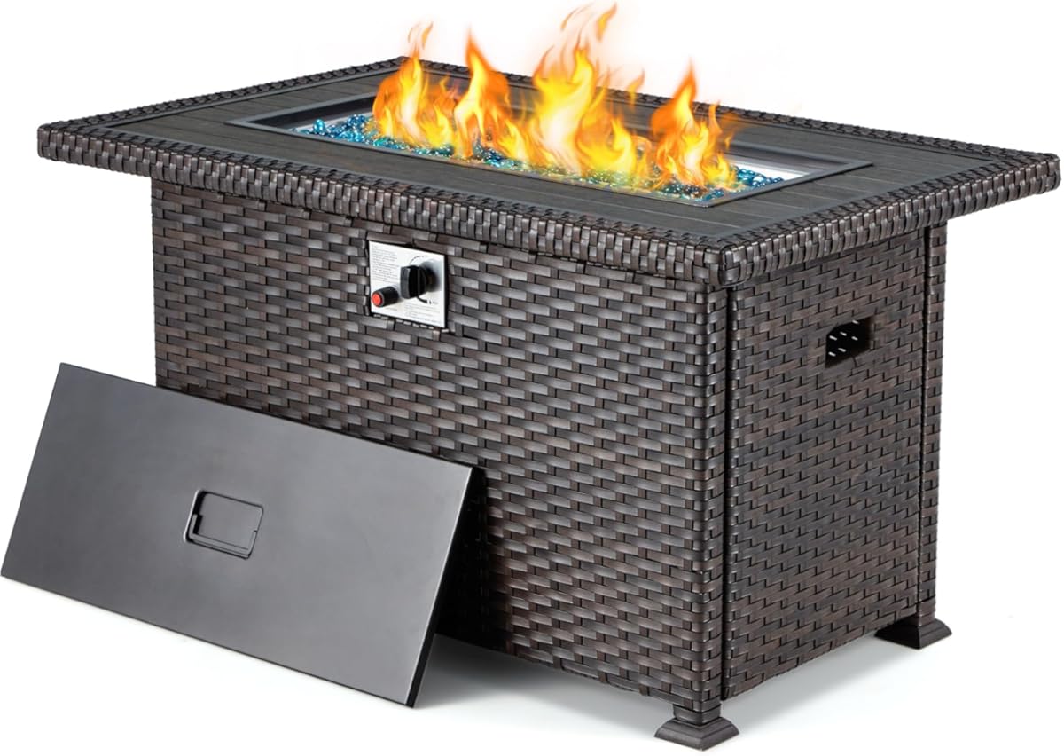 HOMREST Propane Fire Pit Table, Gas Fire Pits for Outside, 44 Inch 50,000 BTU Smokeless Firepit for Outdoor Patio, CSA Approved, Auto-Ignition Adjustable Flame, with Lid, Waterproof Cover, Glass Beads
