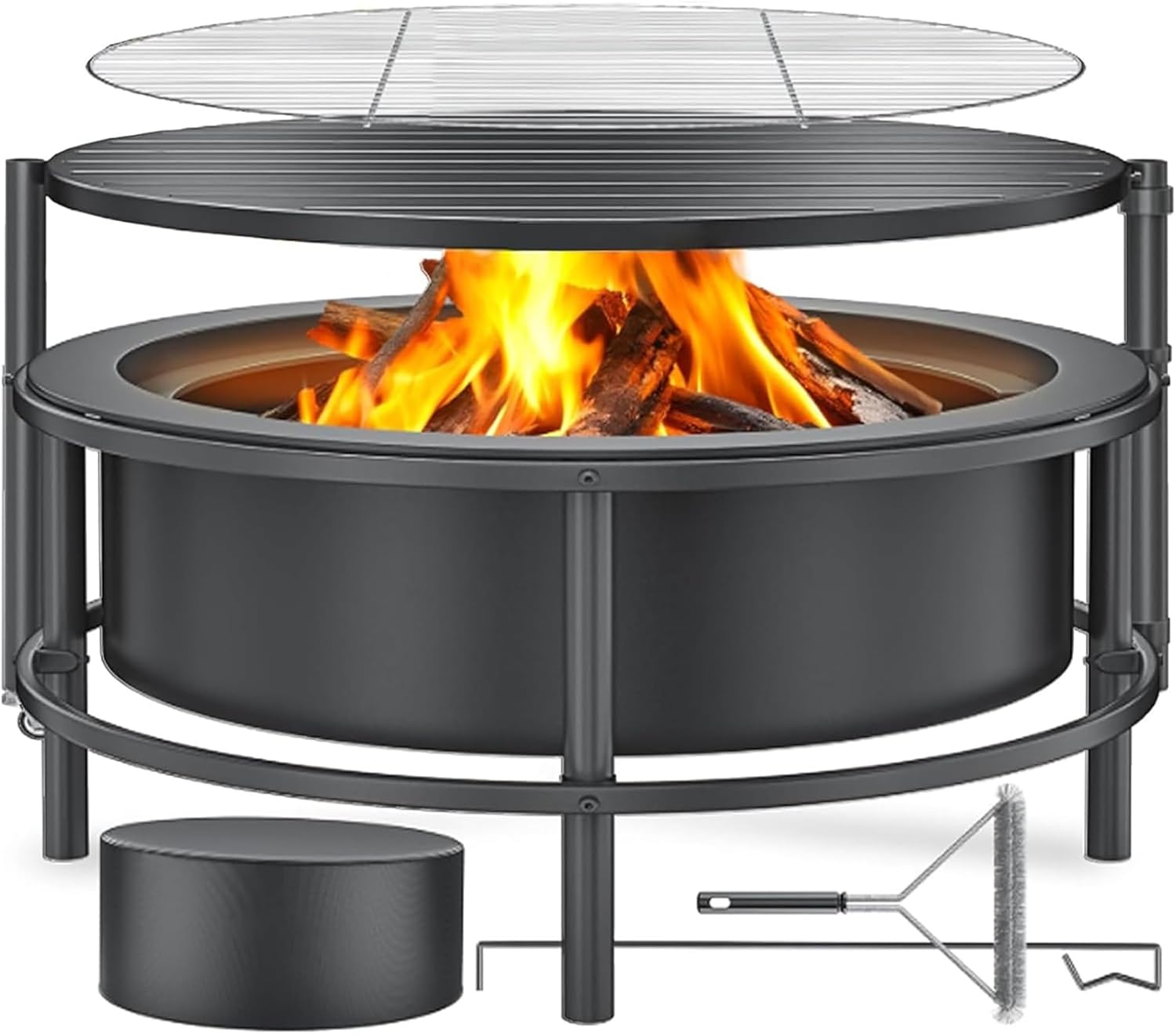 Fire Pits for Outside Wood Burning, Large Outdoor Fire Pit Stove with Roating Table and BBQ Grill, Cold Finished Steel Round Firepit Bowl with Poker, Waterproof Cover, Grill Brush