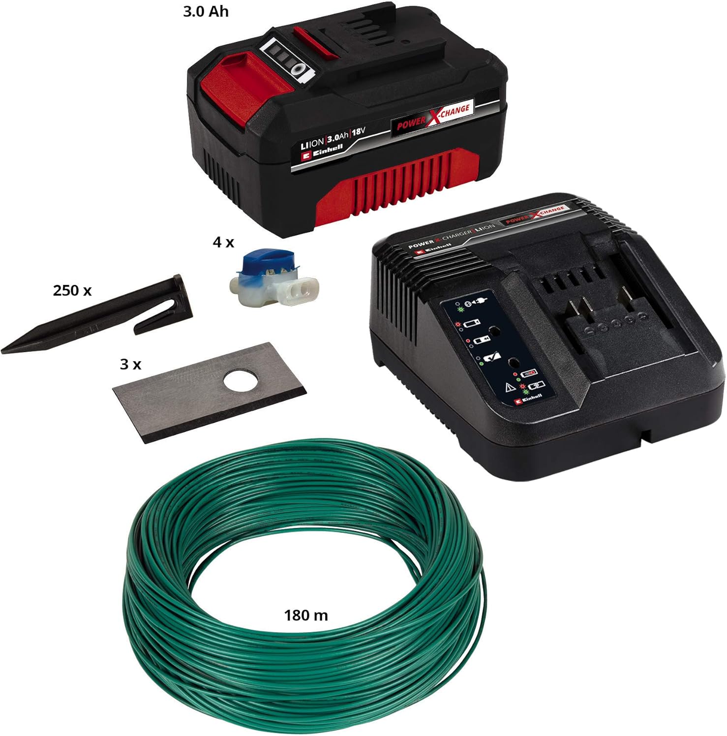 Einhell Original lawn mower robot accessories Installation kit 800 m² (18 V, Li-Ion, for the Freelexo robotic lawnmower, 800 m², incl. battery PXC 3.0 Ah, 3 blades, 180 m boundary wire)