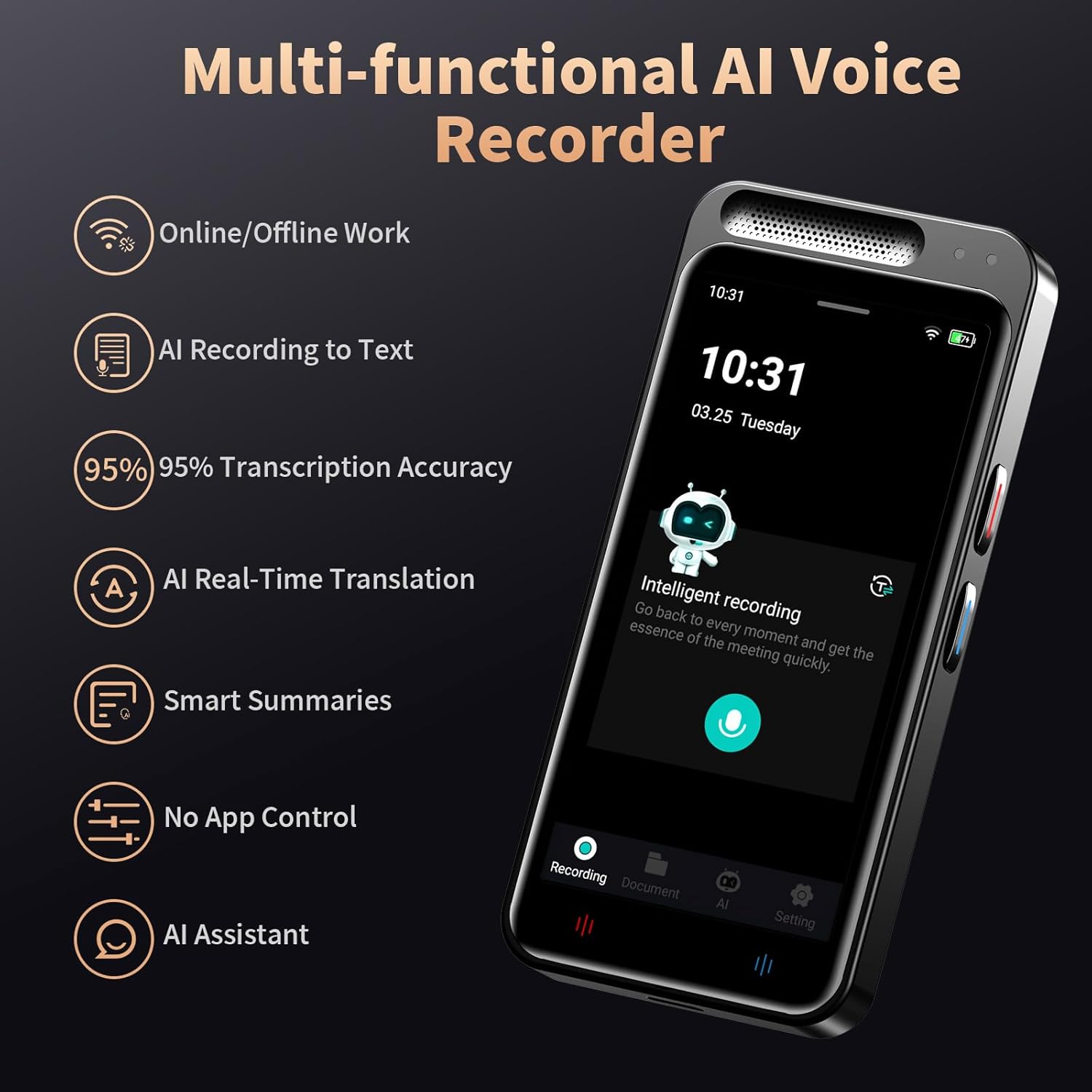 AI Voice Recorder, Digital Voice Recorder with Complimentary Transcription & Summarize & Translation, 80GB Voice to Text Recorder and Transcriber, Support 134 Languages, AI Recorder for Lectures