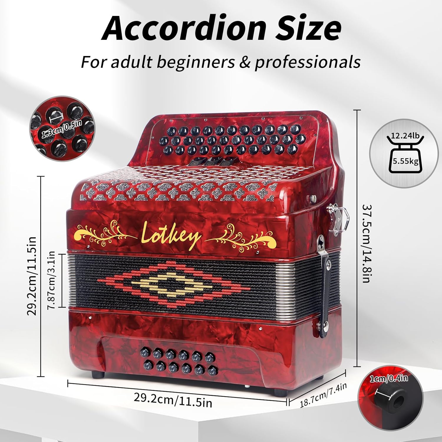 Lotkey 34 Key Diatonic Accordion, 3412 Multi Tone Celluloid Accordions Louder Clearer Timbre than Plastic for Adult, Beginner, Professional with Updated Bag, Straps, Acordeón Wrist Guard (FBE Red)